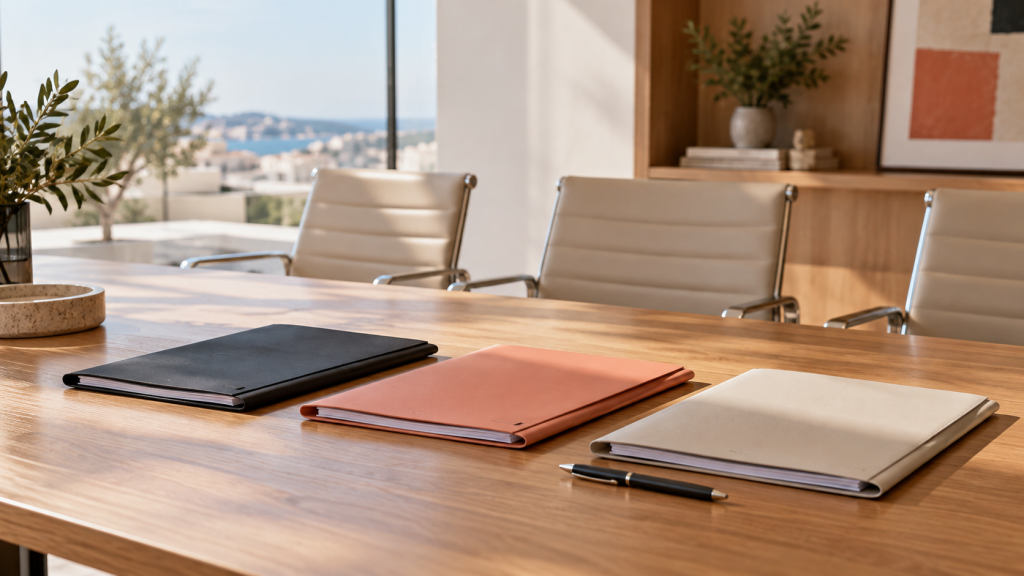 Tres carpetas con documentación sobre una mesa de reuniones