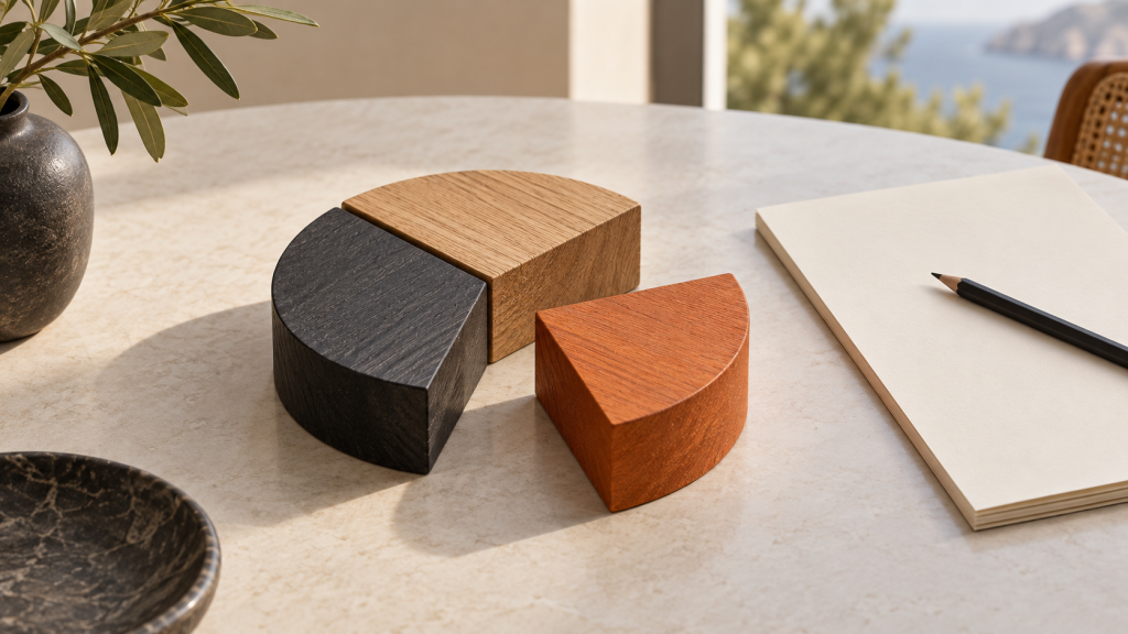 Tres piezas de madera, una separada del conjunto, junto a un documento sobre una mesa.