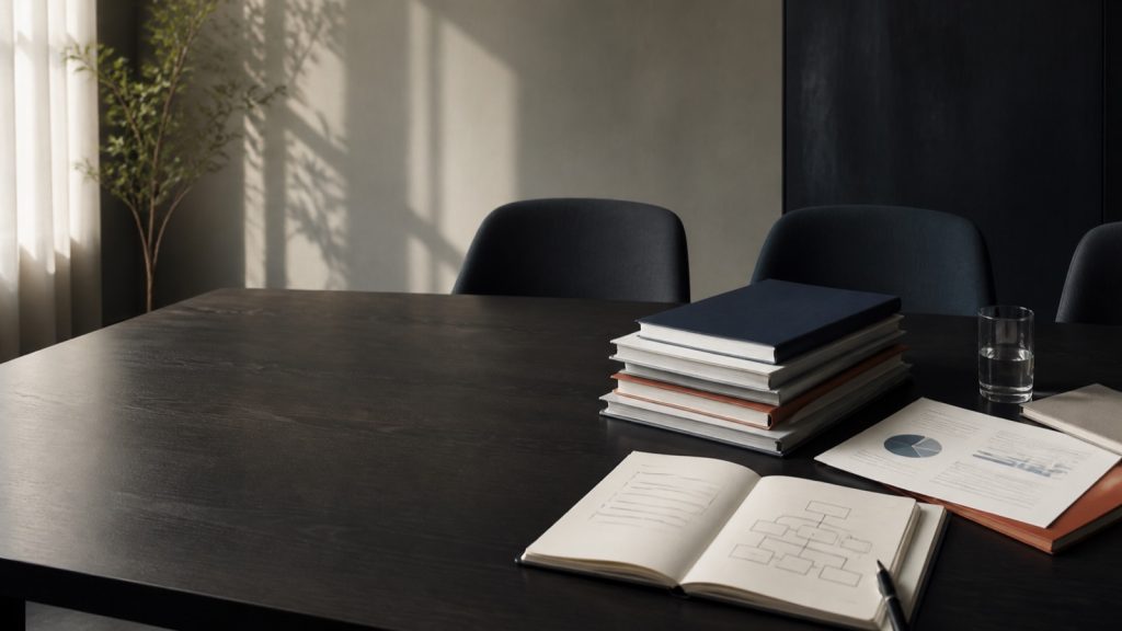Mesa de un consejo de administración con informes preparados y asientos vacíos antes de una reunión.