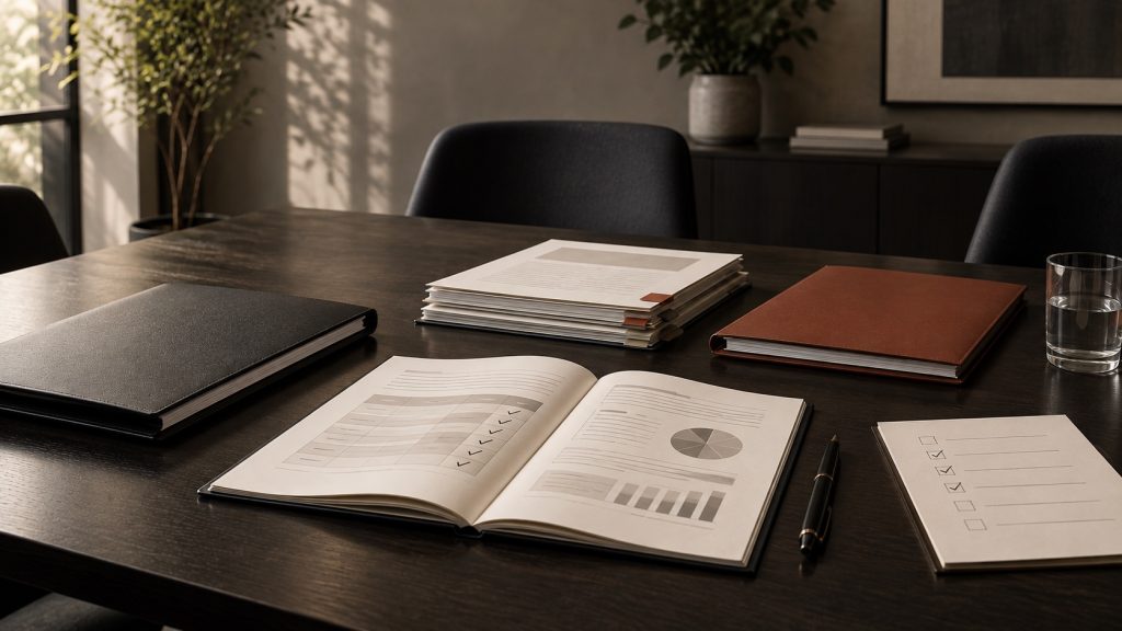 Documentos e informe de control interno sobre una mesa de trabajo