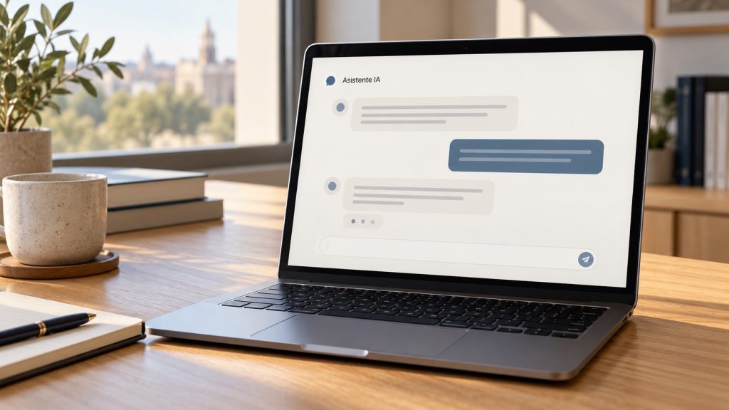 Ilustración generada con IA de un portátil con un chatbot identificado como Asistente IA